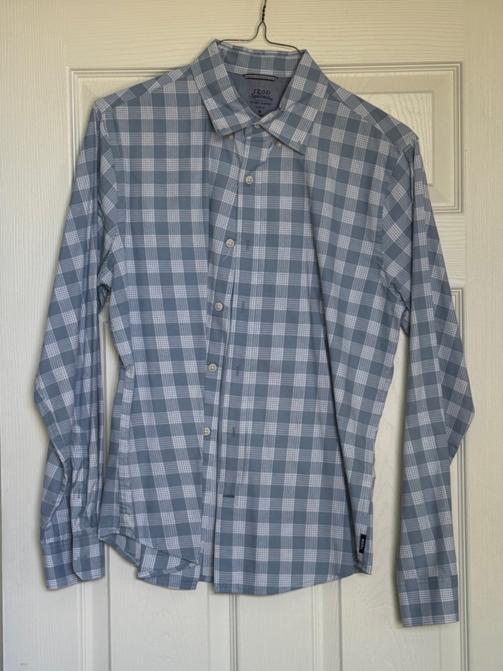 Izod Men's Light Blue and White Plaid Dress Shirt